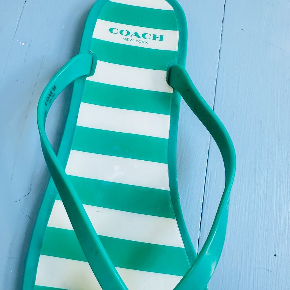 Coach Landon Green White Stripe Jelly Flip Flops Metal Bow Womens 10 - Picture 3 of 4